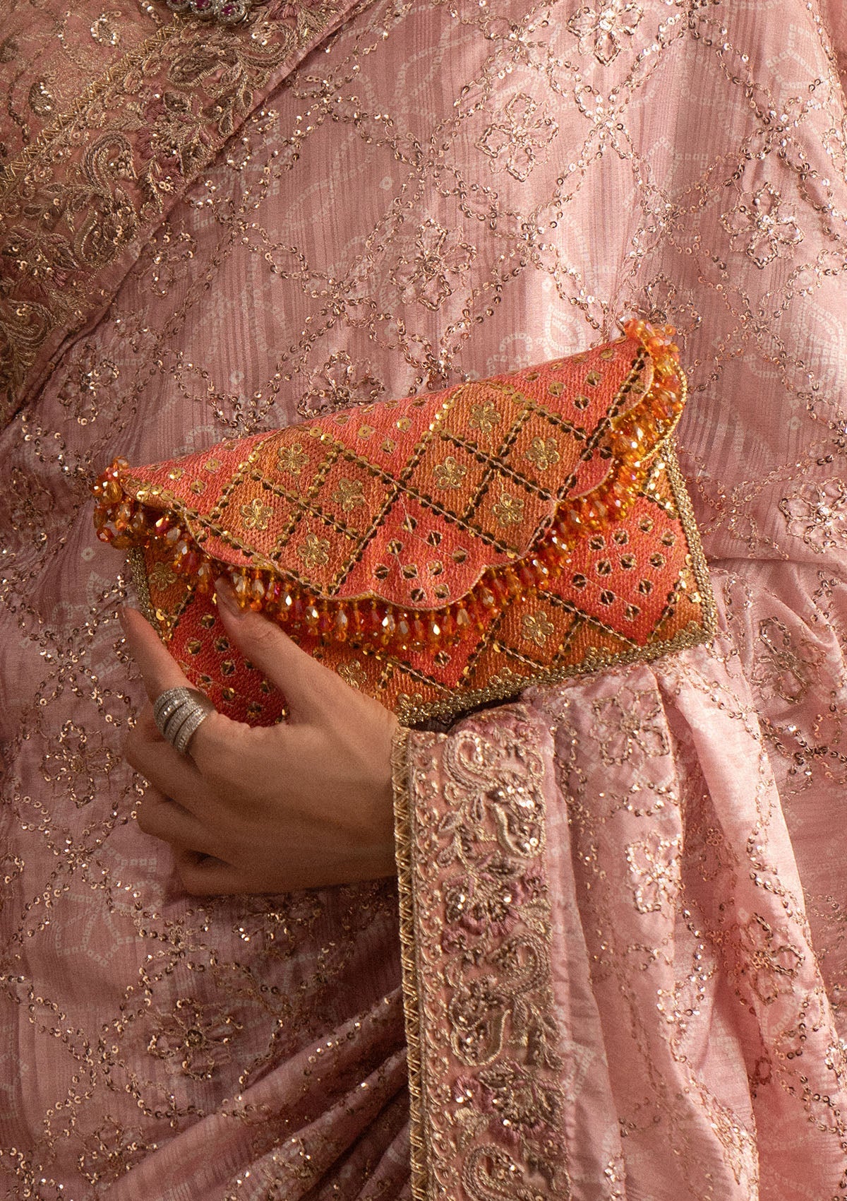 SARI EDIT '25 - CORAL CHATTA PATTI ENVELOPE BAG